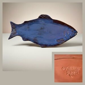 Long 17” Vintage Thora Ovenware Fish Platter Blue Glazed Redware Art Pottery